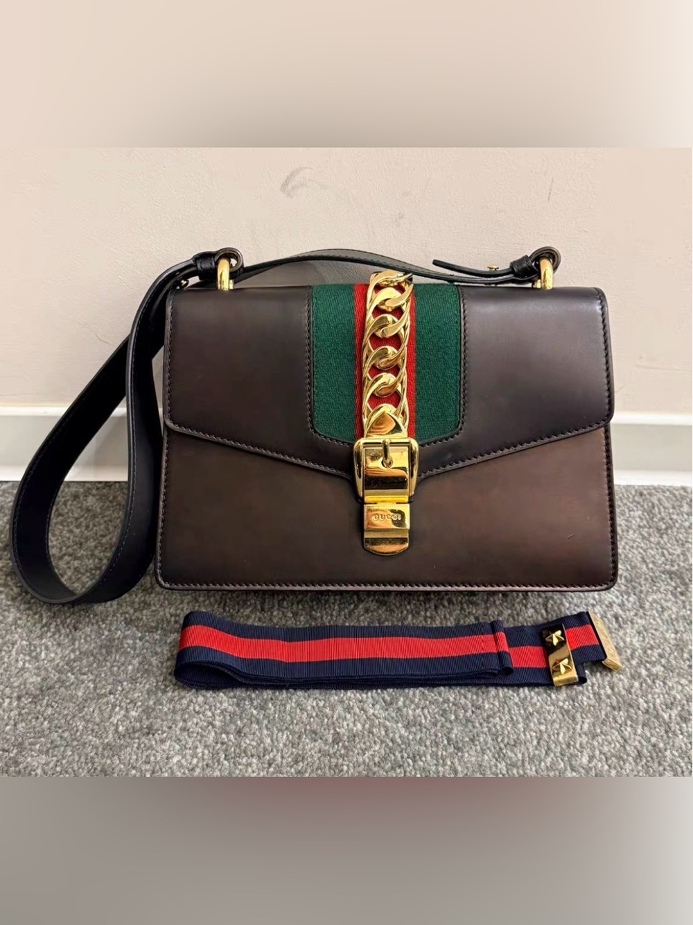 Gucci Brown Leather Shoulder Bag with Green/Red Web and Gold Hardware